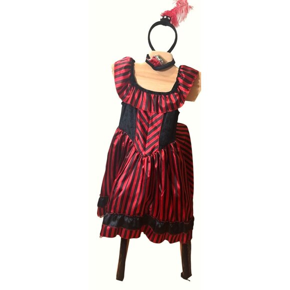 Vintage-Inspired Red & Black Striped Costume Dress w Ruffled Neckline & Matching - Picture 2 of 16